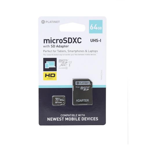 SD карта PLATINET microSDXC SECURE DIGITAL + ADAPTER SD 64GB class10