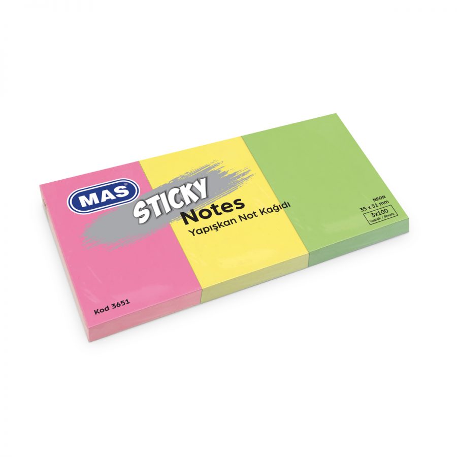Самозалепващи листчета MAS, модел 3651, 35 х 51мм три цвята неон оп.3 х 100л