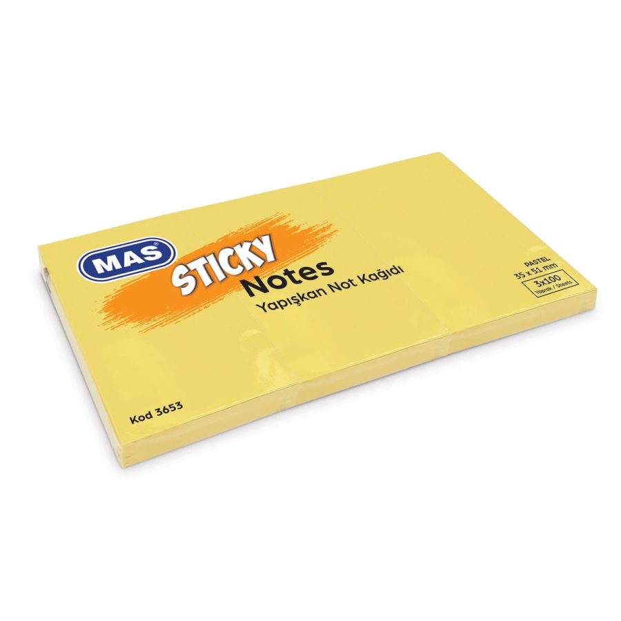 Самозалепващи листчета MAS, модел 3653,  35 х 51мм жълти пастел оп.3 х 100л
