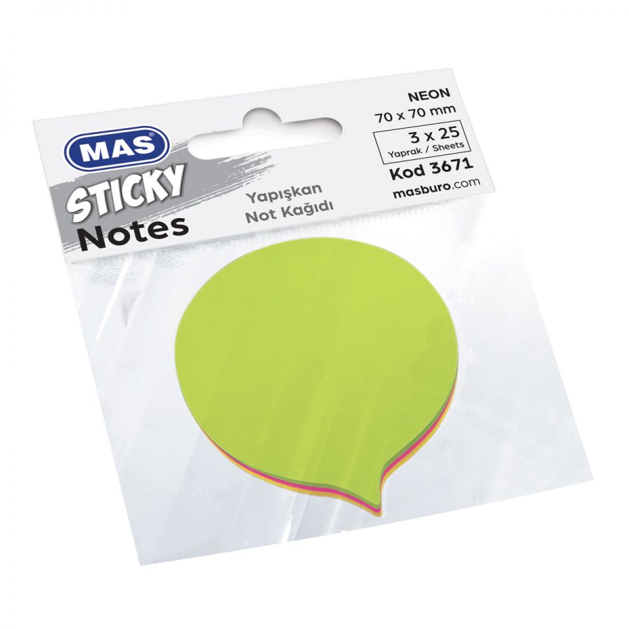 Самозалепващи листчета MAS, модел 3671,  70 х 70мм балон неон оп.3цв х 25л