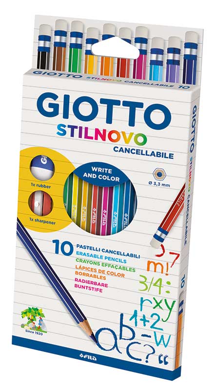 Цветни моливи Giotto Stilnovo Erasable 10 цвята +  Острилка  +  Гума