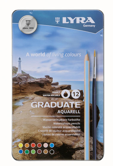 Акварелни цветни моливи Lyra Graduate Aquarell в метална кутия 12 цвята  +   Четка Talkon 500 No2