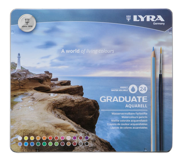 Акварелни цветни моливи Lyra Graduate Aquarell в метална кутия 24 цвята  +  Четка Talkon 500 No2