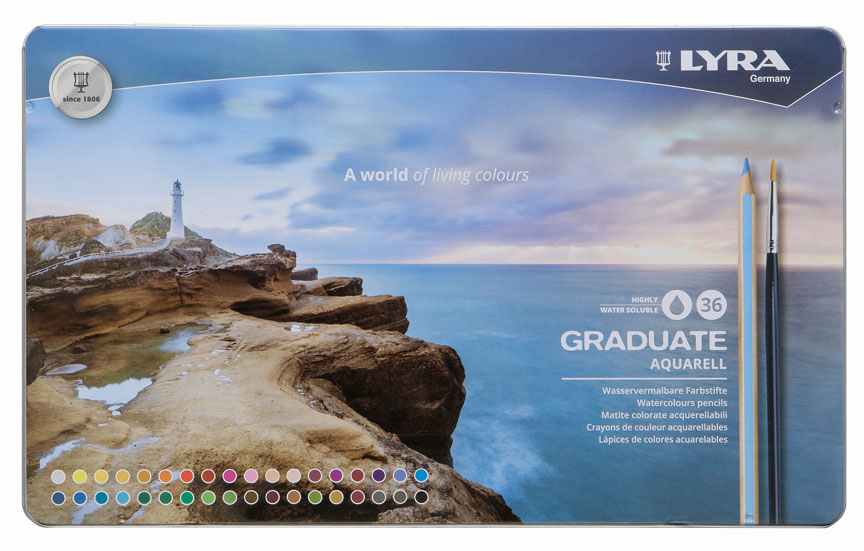 Акварелни цветни моливи Lyra Graduate Aquarell в метална кутия 36 цвята  +  Четка Talkon 500 No2