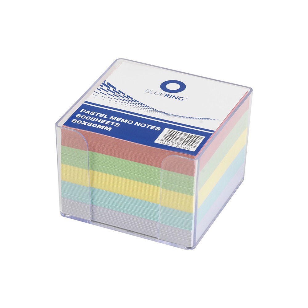 Кубче хартиено в PP прозрачна поставка 8 x 8 x 6.5 см незалепено 894557 Bluering 600л смесени цветове - цветен пастел